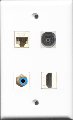 RiteAV 1 Port HDMI and 1 Port RCA Blue and 1 Port Toslink and 1 Port Cat6 Ethernet White Wall Plate