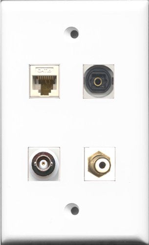 RiteAV 1 Port RCA White and 1 Port Toslink and 1 Port BNC and 1 Port Cat6 Ethernet White Wall Plate
