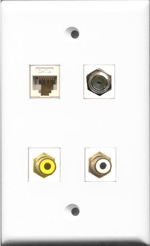 RiteAV 1 Port RCA White and 1 Port RCA Yellow and 1 Port Coax Cable TV- F-Type and 1 Port Cat6 Ethernet White Wall Plate