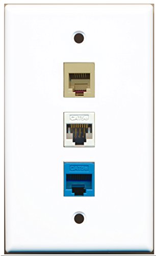 RiteAV - 1 Port Phone RJ11 RJ12 Beige 1 Cat5e Ethernet White 1 Cat5e Ethernet Blue Wall Plate