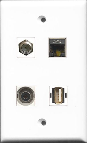 RiteAV 1 Port Coax Cable TV- F-Type and 1 Port USB A-A and 1 Port Shielded Cat6 Ethernet and 1 Port 3.5mm Wall Plate