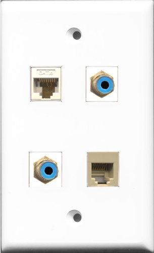 RiteAV - 2 Port RCA Blue and 1 Port Phone RJ11 RJ12 Beige and 1 Port Cat6 Ethernet White Wall Plate