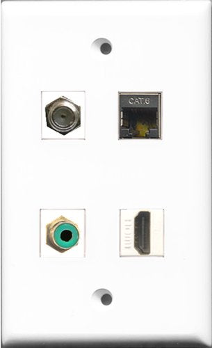 RiteAV 1 Port HDMI and 1 Port RCA Green and 1 Port Coax Cable TV- F-Type and 1 Port Shielded Cat6 Ethernet Wall Plate
