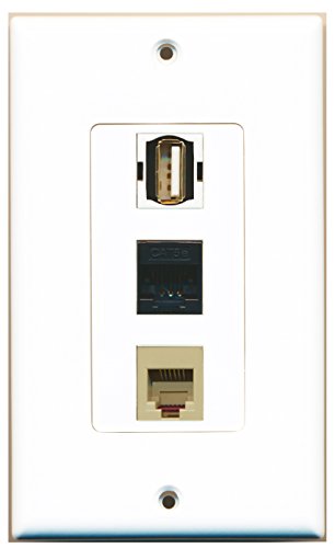 RiteAV - 1 Port USB A-A and 1 Port Phone RJ11 RJ12 Beige and 1 Port Cat5e Ethernet Black Wall Plate Decorative