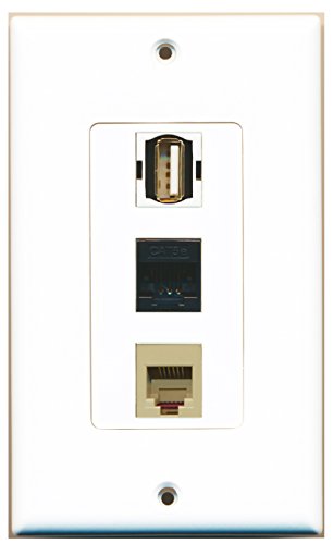 RiteAV - 1 Port USB A-A and 1 Port Phone RJ11 RJ12 Beige and 1 Port Cat5e Ethernet Black Wall Plate Decorative