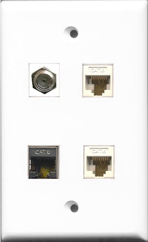 RiteAV 1 Port Coax Cable TV- F-Type and 1 Port Shielded Cat6 Ethernet 2 Port Cat6 Ethernet White Wall Plate