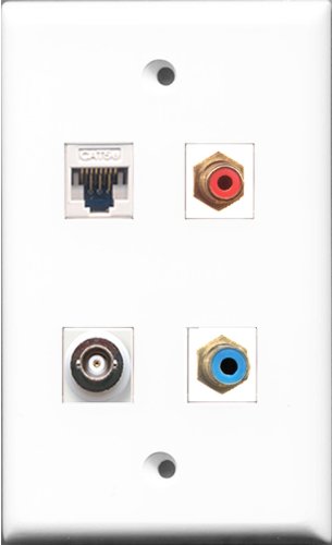 RiteAV 1 Port RCA Red and 1 Port RCA Blue and 1 Port BNC and 1 Port Cat5e Ethernet White Wall Plate