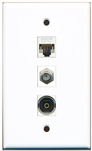 RiteAV - 1 Port Coax Cable TV- F-Type and 1 Port Toslink and 1 Port Cat5e Ethernet White Wall Plate