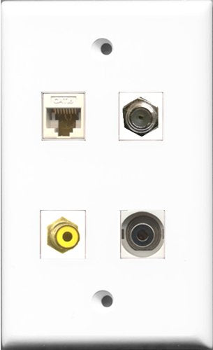 RiteAV 1 Port RCA Yellow and 1 Port Coax Cable TV- F-Type and 1 Port 3.5mm and 1 Port Cat6 Ethernet White Wall Plate