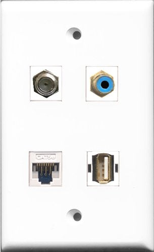 RiteAV 1 Port RCA Blue and 1 Port Coax Cable TV- F-Type and 1 Port USB A-A and 1 Port Cat5e Ethernet White Wall Plate