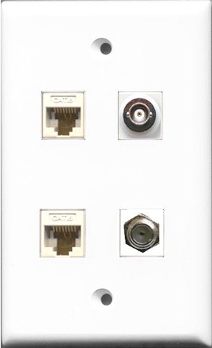 RiteAV 1 Port Coax Cable TV- F-Type and 1 Port BNC 2 Port Cat6 Ethernet White Wall Plate