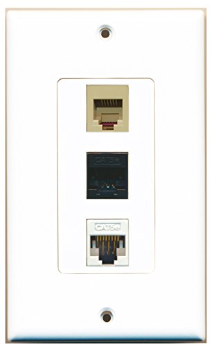 RiteAV - 1 Port Phone RJ11 RJ12 Beige and 1 Port Cat5e Ethernet White and 1 Port Cat5e Ethernet Black Wall Plate Decorative