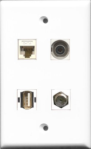 RiteAV 1 Port Coax Cable TV- F-Type and 1 Port USB A-A and 1 Port 3.5mm and 1 Port Cat6 Ethernet White Wall Plate