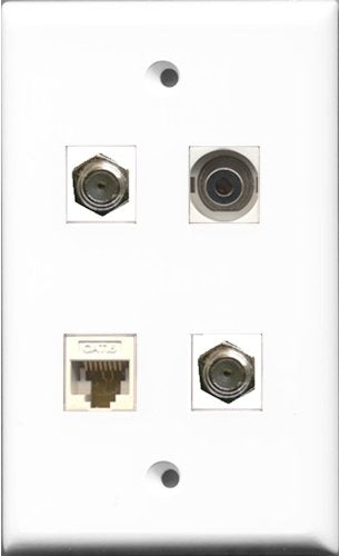 RiteAV - 2 Port Coax Cable TV- F-Type and 1 Port 3.5mm and 1 Port Cat6 Ethernet White Wall Plate