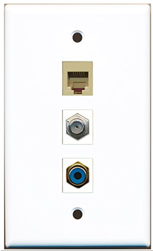 RiteAV - 1 Port RCA Blue and 1 Port Coax Cable TV- F-Type and 1 Port Phone RJ11 RJ12 Beige Wall Plate