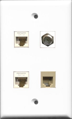 RiteAV 1 Port Coax Cable TV- F-Type and 1 Port Phone RJ11 RJ12 Beige 2 Port Cat6 Ethernet White Wall Plate