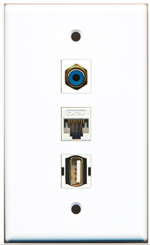 RiteAV - 1 Port RCA Blue and 1 Port USB A-A and 1 Port Cat5e Ethernet White Wall Plate