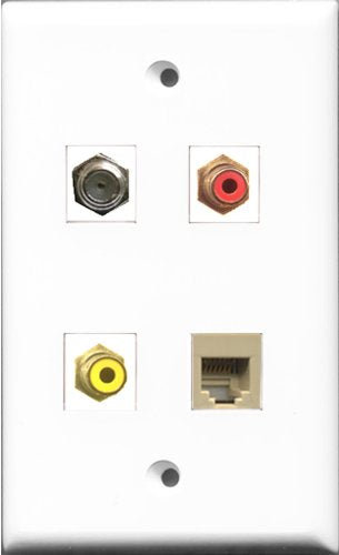 RiteAV 1 Port RCA Red and 1 Port RCA Yellow and 1 Port Coax Cable TV- F-Type and 1 Port Phone RJ11 RJ12 Beige Wall Plate