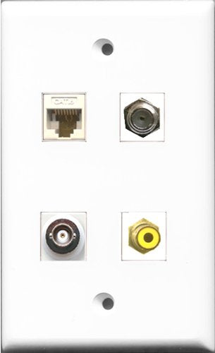 RiteAV 1 Port RCA Yellow and 1 Port Coax Cable TV- F-Type and 1 Port BNC and 1 Port Cat6 Ethernet White Wall Plate