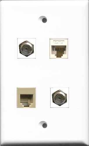 RiteAV - 2 Port Coax Cable TV- F-Type and 1 Port Phone RJ11 RJ12 Beige and 1 Port Cat6 Ethernet White Wall Plate