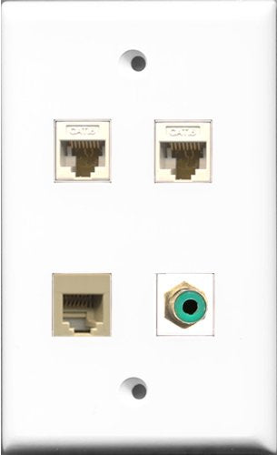 RiteAV 1 Port RCA Green and 1 Port Phone RJ11 RJ12 Beige 2 Port Cat6 Ethernet White Wall Plate
