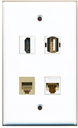 RiteAV - 1 Port HDMI 1 Port USB A-A 1 Port Phone RJ11 RJ12 Beige 1 Port Cat6 Ethernet White Wall Plate