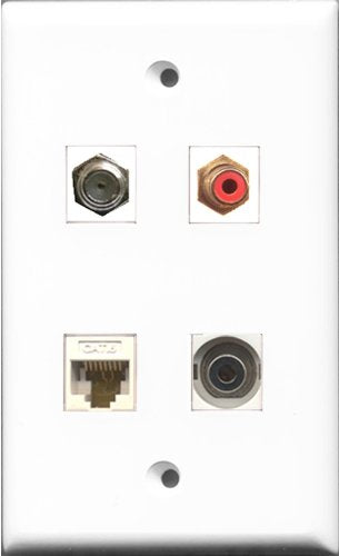 RiteAV 1 Port RCA Red and 1 Port Coax Cable TV- F-Type and 1 Port 3.5mm and 1 Port Cat6 Ethernet White Wall Plate