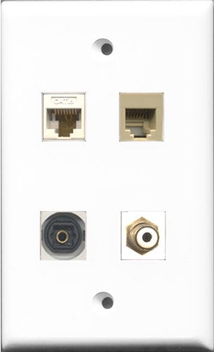 RiteAV 1 Port RCA White and 1 Port Phone RJ11 RJ12 Beige and 1 Port Toslink and 1 Port Cat6 Ethernet White Wall Plate