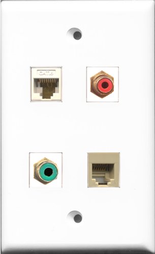 RiteAV 1 Port RCA Red and 1 Port RCA Green and 1 Port Phone RJ11 RJ12 Beige and 1 Port Cat6 Ethernet White Wall Plate
