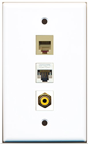 RiteAV - 1 Port RCA Yellow 1 Phone RJ11 RJ12 Beige 1 Cat5e Ethernet White Wall Plate