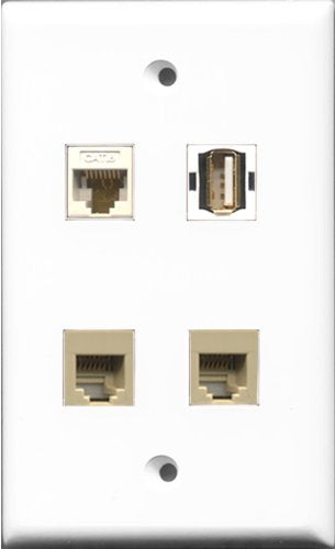 RiteAV 1 Port USB A-A 2 Port Phone RJ11 RJ12 Beige and 1 Port Cat6 Ethernet White Wall Plate