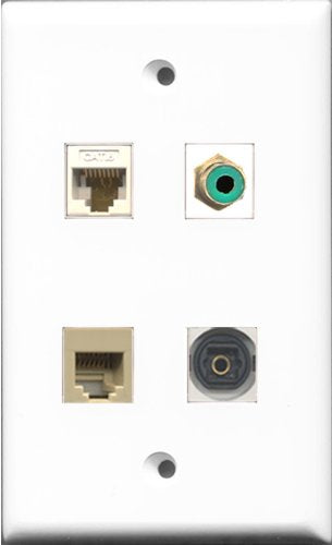 RiteAV 1 Port RCA Green and 1 Port Phone RJ11 RJ12 Beige and 1 Port Toslink and 1 Port Cat6 Ethernet White Wall Plate