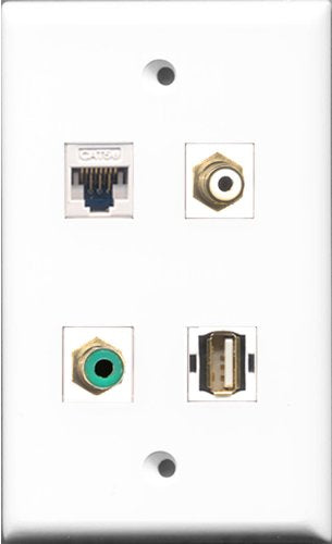 RiteAV 1 Port RCA White and 1 Port RCA Green and 1 Port USB A-A and 1 Port Cat5e Ethernet White Wall Plate