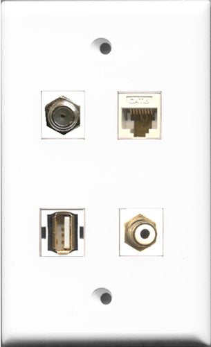 RiteAV 1 Port RCA White and 1 Port Coax Cable TV- F-Type and 1 Port Shielded Cat6 Ethernet and 1 Port Cat6 Ethernet White Wall Plate
