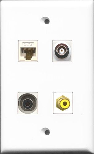 RiteAV 1 Port RCA Yellow and 1 Port 3.5mm and 1 Port BNC and 1 Port Cat6 Ethernet White Wall Plate