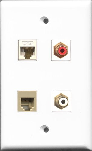 RiteAV 1 Port RCA Red and 1 Port RCA White and 1 Port Phone RJ11 RJ12 Beige and 1 Port Cat6 Ethernet White Wall Plate