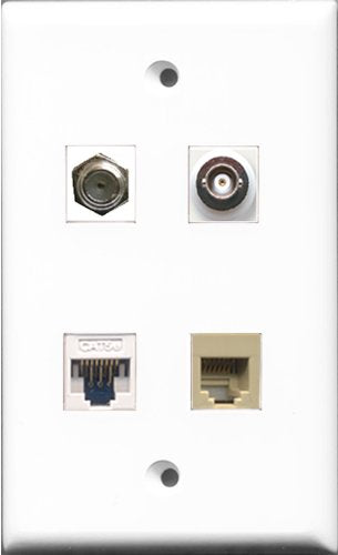 RiteAV 1 Port Coax Cable TV- F-Type and 1 Port Phone RJ11 RJ12 Beige and 1 Port BNC and 1 Port Cat5e Ethernet White Wall Plate