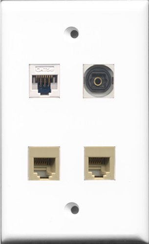 RiteAV - 2 Port Phone RJ11 RJ12 Beige and 1 Port Toslink and 1 Port Cat5e Ethernet White Wall Plate
