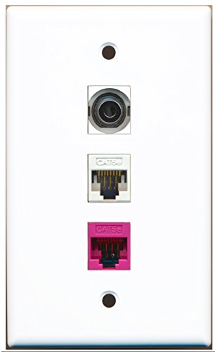 RiteAV - 1 Port 3.5mm 1 Cat5e Ethernet White 1 Cat5e Ethernet Pink Wall Plate