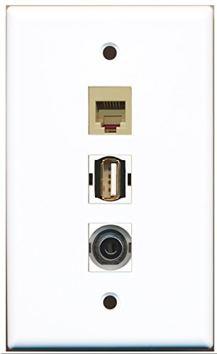 RiteAV - 1 Port USB A-A and 1 Port Phone RJ11 RJ12 Beige and 1 Port 3.5mm Wall Plate