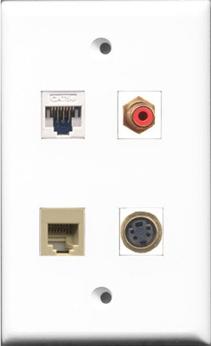RiteAV 1 Port RCA Red and 1 Port Phone RJ11 RJ12 Beige and 1 Port S-Video and 1 Port Cat5e Ethernet White Wall Plate