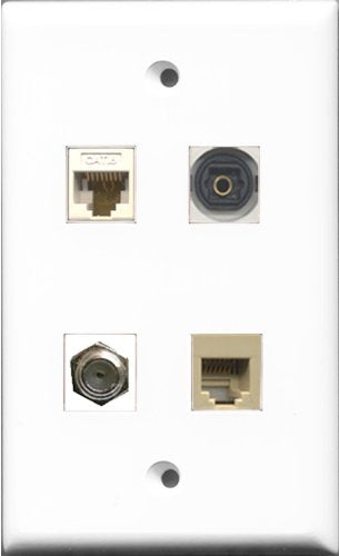 RiteAV 1 Port Coax Cable TV- F-Type and 1 Port Phone RJ11 RJ12 Beige and 1 Port Toslink and 1 Port Cat6 Ethernet White Wall Plate