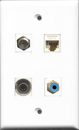 RiteAV 1 Port RCA Blue and 1 Port Coax Cable TV- F-Type and 1 Port 3.5mm and 1 Port Cat6 Ethernet White Wall Plate