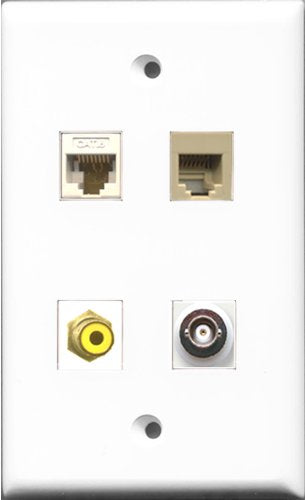 RiteAV 1 Port RCA Yellow and 1 Port Phone RJ11 RJ12 Beige and 1 Port BNC and 1 Port Cat6 Ethernet White Wall Plate