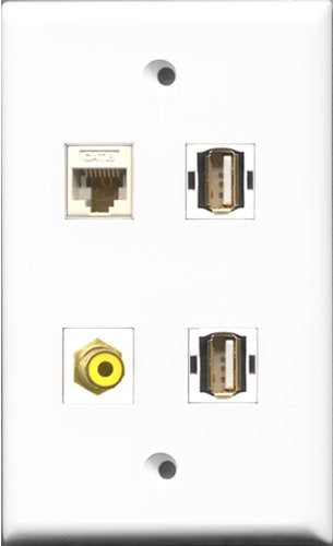 RiteAV 1 Port RCA Yellow 2 Port USB A-A and 1 Port Cat6 Ethernet White Wall Plate