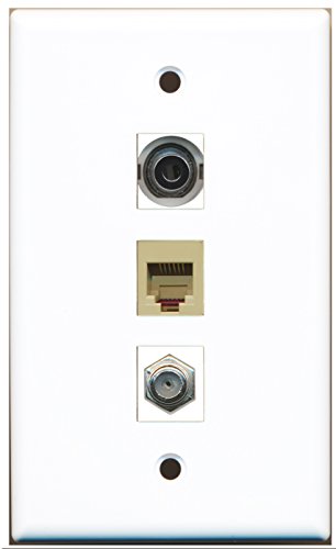 RiteAV - 1 Port Coax Cable TV- F-Type and 1 Port Phone RJ11 RJ12 Beige and 1 Port 3.5mm Wall Plate