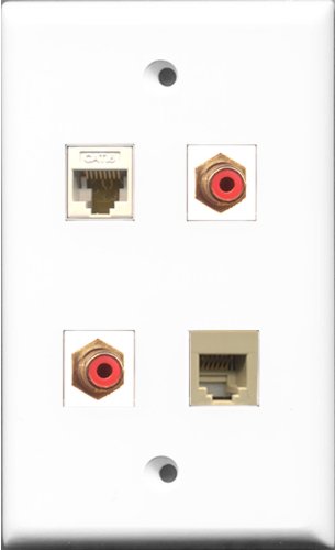 RiteAV - 2 Port RCA Red and 1 Port Phone RJ11 RJ12 Beige and 1 Port Cat6 Ethernet White Wall Plate