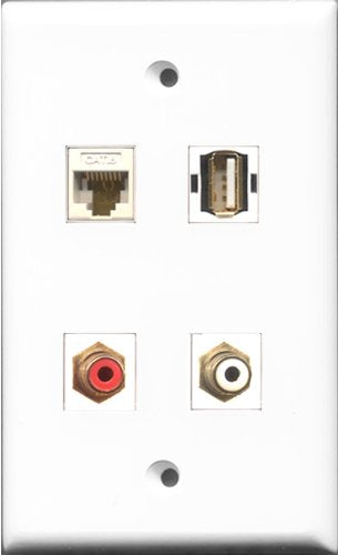 RiteAV 1 Port RCA Red and 1 Port RCA White and 1 Port USB A-A and 1 Port Cat6 Ethernet White Wall Plate