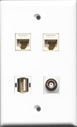 RiteAV 1 Port USB A-A and 1 Port BNC 2 Port Cat6 Ethernet White Wall Plate