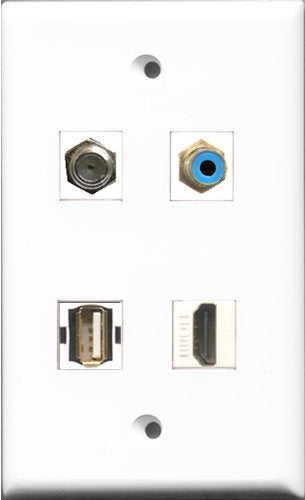RiteAV 1 Port HDMI and 1 Port RCA Blue and 1 Port Coax Cable TV- F-Type and 1 Port Shielded Cat6 Ethernet Wall Plate